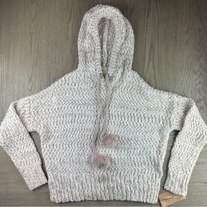 S Anthropologie YES LOLA Boucle Knit Hoodie Pom Pom Cozy Sweater Cream